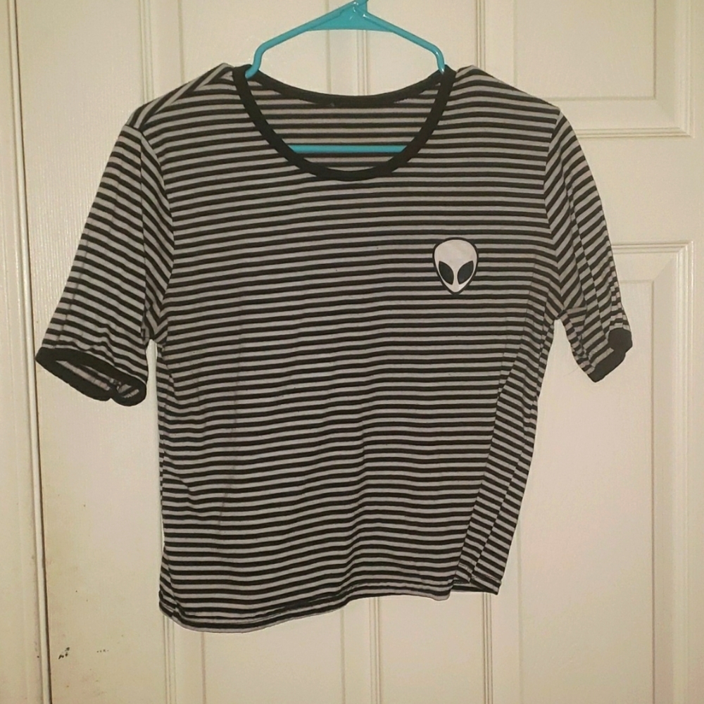 Shein Black White Stripe Alien Decal Shirt